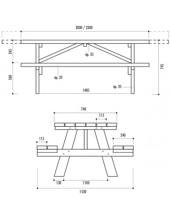 Table pique nique Munich - dimensions