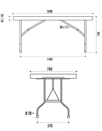 Table polyéthylène rectangulaire 183 x 76 cm gris clair dimensions
